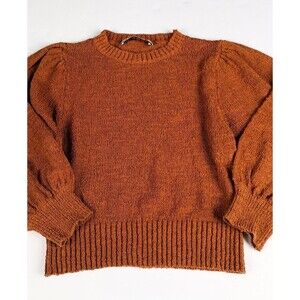 Zara Warm Burnt Orange Knit Puff Sleeve Cropped Sweater Top Size Small Nubby
